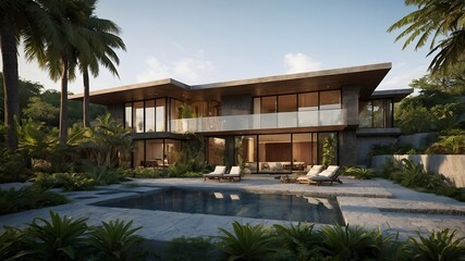 Fototapeta premium AI-generated Modern Luxury Hotel-Style House with USA-Inspired Interiors – Stunning Exterior Perspective, Earthy Materials, and Dynamic Design in Natural Settings, Perfect Blend of Innovation, Eleganc