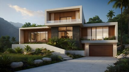Fototapeta premium AI-generated Modern Luxury Hotel-Style House with USA-Inspired Interiors – Stunning Exterior Perspective, Earthy Materials, and Dynamic Design in Natural Settings, Perfect Blend of Innovation, Eleganc