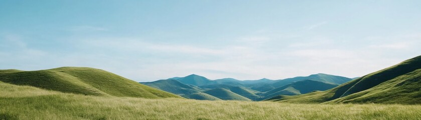 A serene landscape featuring rolling green hills under a clear blue sky, with distant mountains creating a peaceful and natural scenery.