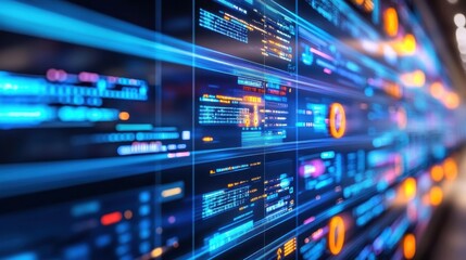 Naklejka premium Futuristic Digital Data Visualization Dashboard with Blurred Lights and Codes