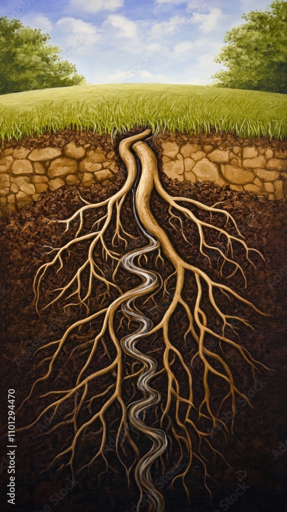 Aufkleber a surreal illustration showing tree roots intertwined with a winding path beneath the surface.