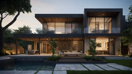 Fototapeta premium AI-generated Modern Luxury Hotel-Style House with USA-Inspired Interiors – Stunning Exterior Perspective, Earthy Materials, and Dynamic Design in Natural Settings, Perfect Blend of Innovation, Eleganc