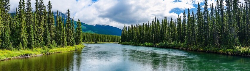 A serene river flows through lush forests under a bright sky, showcasing nature's beauty and tranquility in a panoramic view.