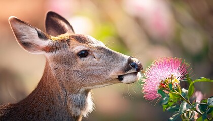 Obraz premium Deer and pink flowers