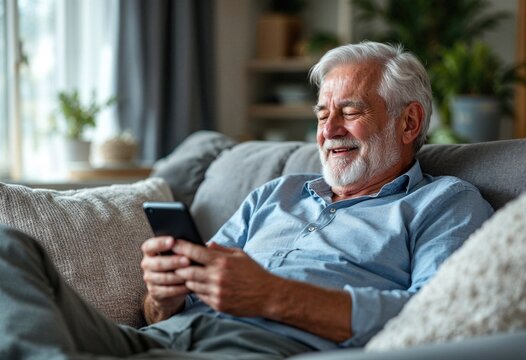 A man is sitting on a couch and smiling while holding a cell phone