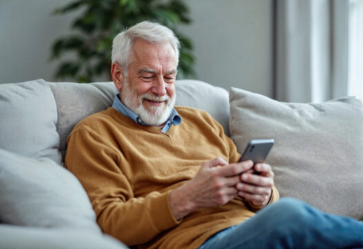 A man is sitting on a couch and smiling while holding a cell phone
