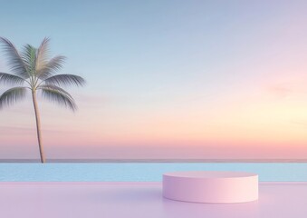 Obraz premium Pastel Sunset Beach Pool Scene with Display Platform