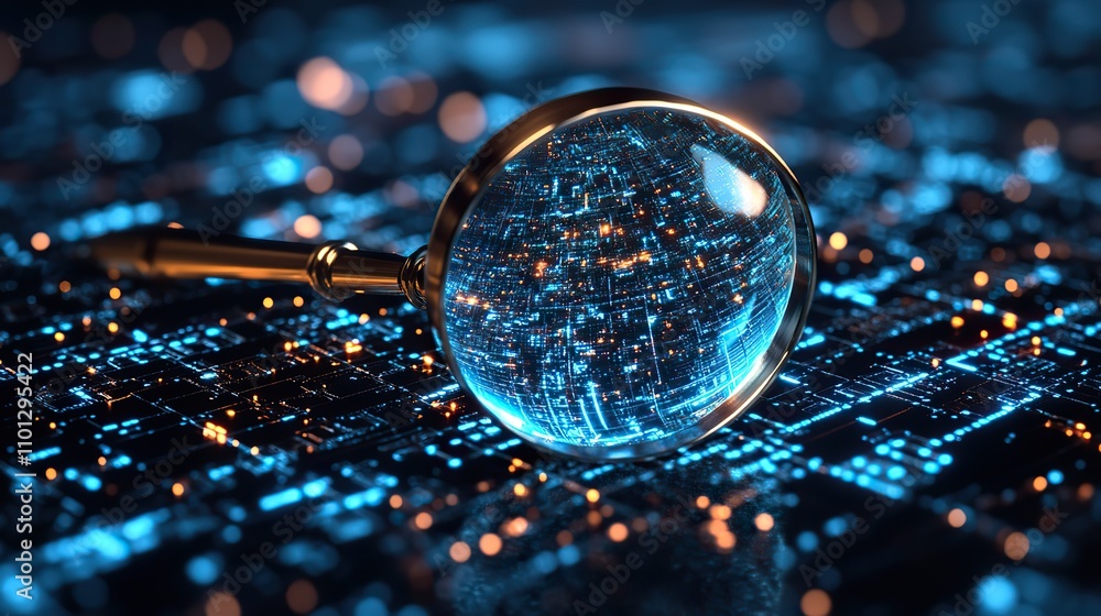 Poster transparent of a magnifying glass with a scan search concept and a futuristic electronic technology 
