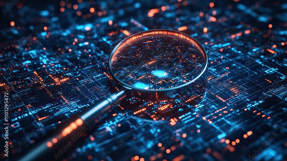 Poster transparent of a magnifying glass with a scan search concept and a futuristic electronic technology 