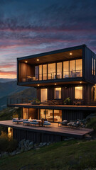 Fototapeta premium Modern Luxury Container Villa with Dramatic Sky Backdrop