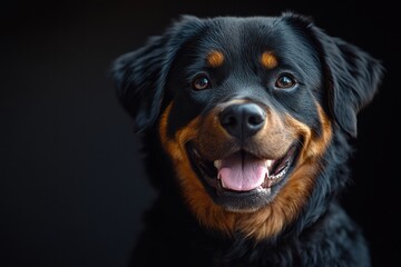 Happy Rottweiler dog portrait against black background.