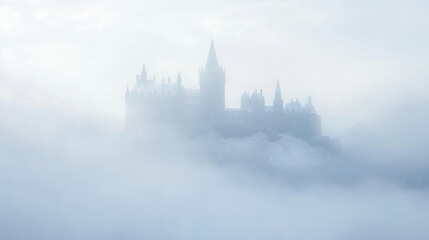 A misty castle shrouded in fog, evoking a sense of mystery and enchantment.