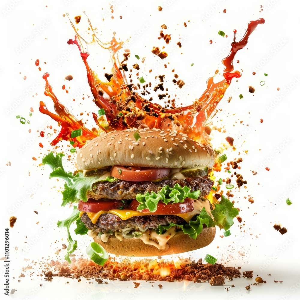 Poster double cheeseburger with lettuce and tomato is floating in the air surrounded by splashes of sauce