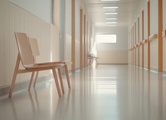Fototapeta premium Empty Hospital Corridor with Wooden Chairs