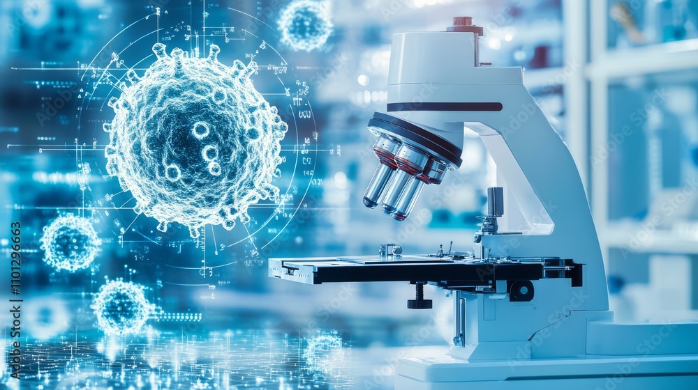 Poster microscope and virus model in lab.