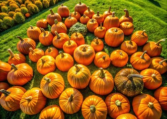 Aerial View of Ripe Pumpkins Surrounded by Lush Green Grass in Autumn, Showcasing the Bounty of the Harvest Season, Perfect for Seasonal Decor and Food Illustrations