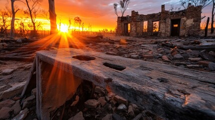 Obraz premium A captivating sunset illuminates the remnants of a burnt landscape, showcasing the resilience of nature amidst the ruins of a once vibrant structure.