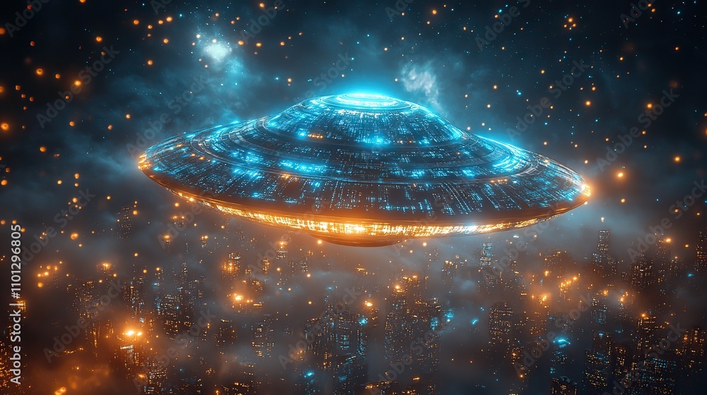 Poster ufo with blue digital lines structure rendering