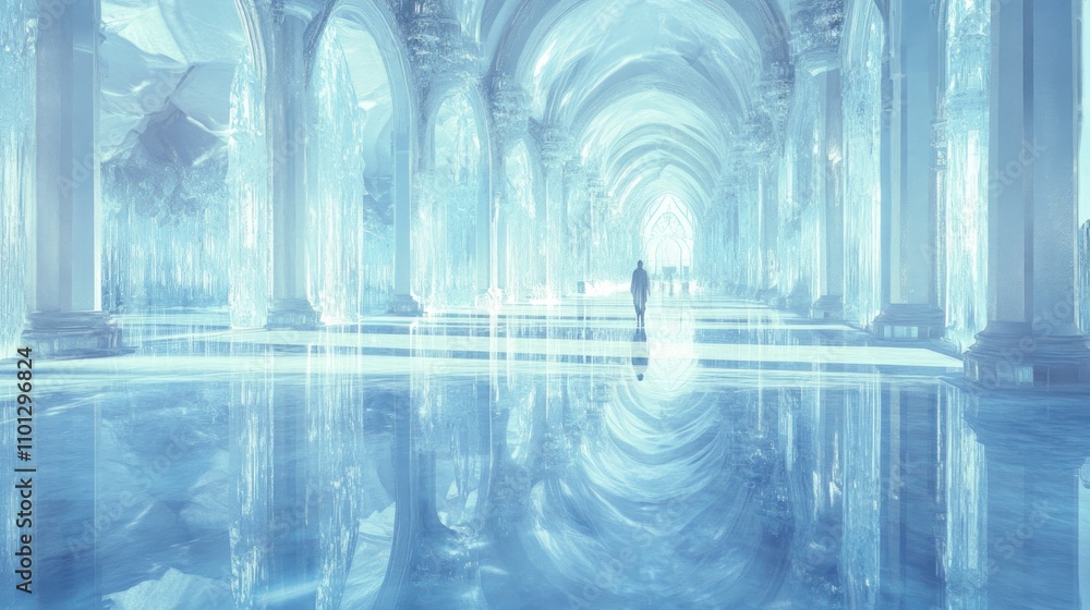 Poster a serene, ethereal space with crystal-like architecture and reflective surfaces.