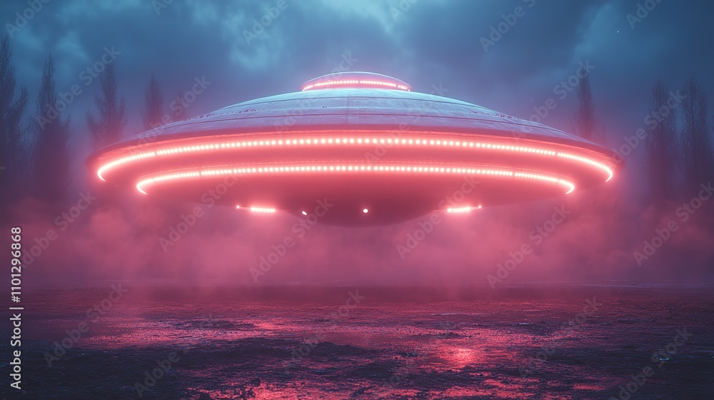 Poster ufo with dark neon light effect rendering