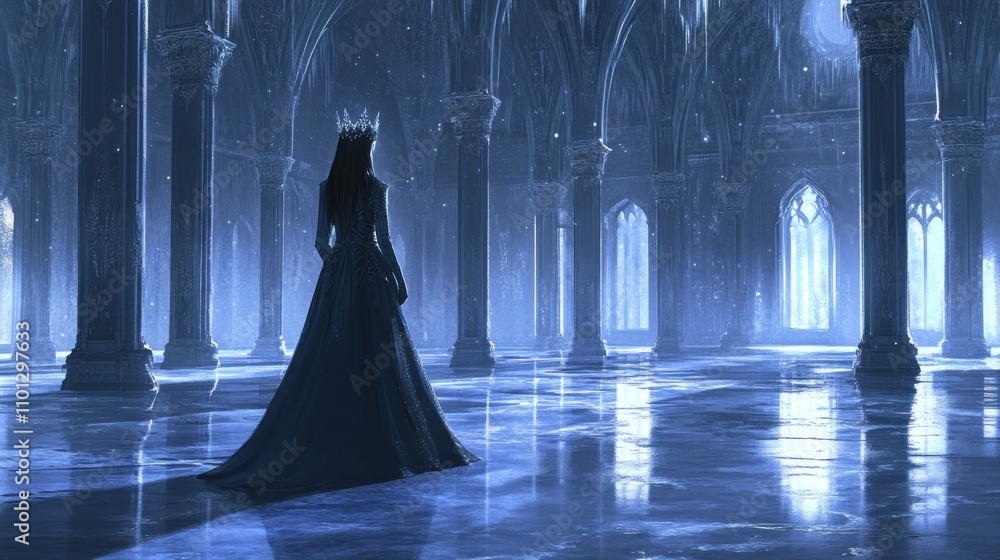 Poster a mysterious figure in a dark gown stands in an ethereal, ice-like hall with gothic architecture.