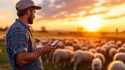 Fototapeta premium A serene scene shows a man standing amidst a flock of sheep, admiring the stunning sunset, representing tranquility and the beauty of rural life.