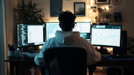 An IT Specialist is using a personal computer with monitors that show a coding language program. The scene is set in a data center's technical room, where a server rack is situated.