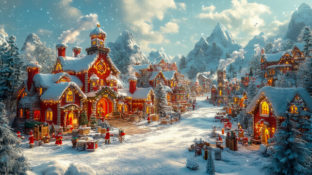 A whimsical illustration of Santa's workshop at the North Pole, bustling with elves and toy-making machines. Ideal for holiday-themed designs.