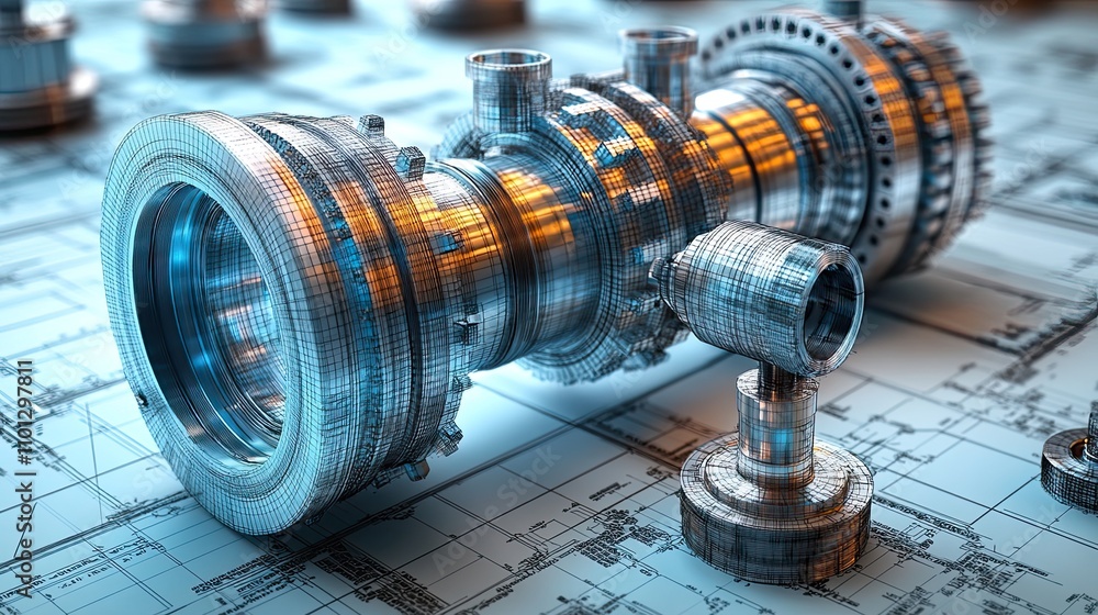 Poster various industrial equipment including valves rendered in format wire frame design there are distinc