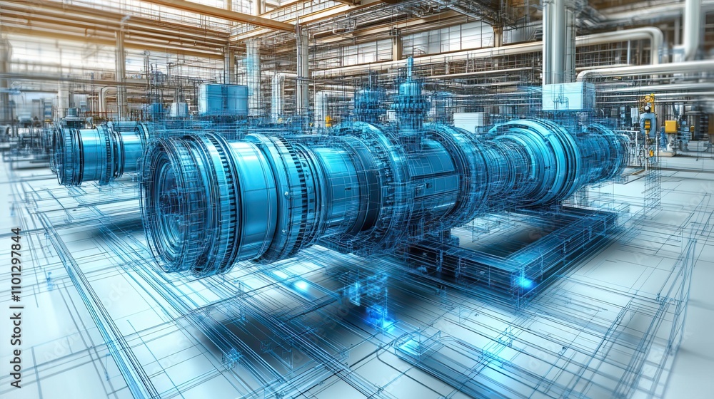 Poster various industrial equipment including valves rendered in format wire frame design there are distinc