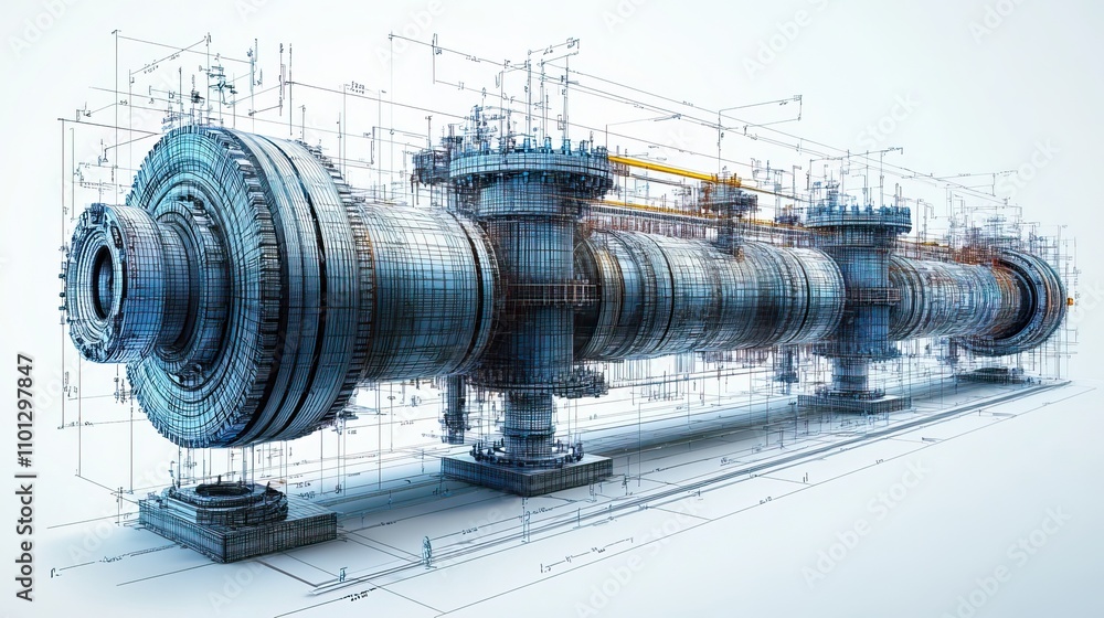 Poster various industrial equipment including valves rendered in format wire frame design there are distinc