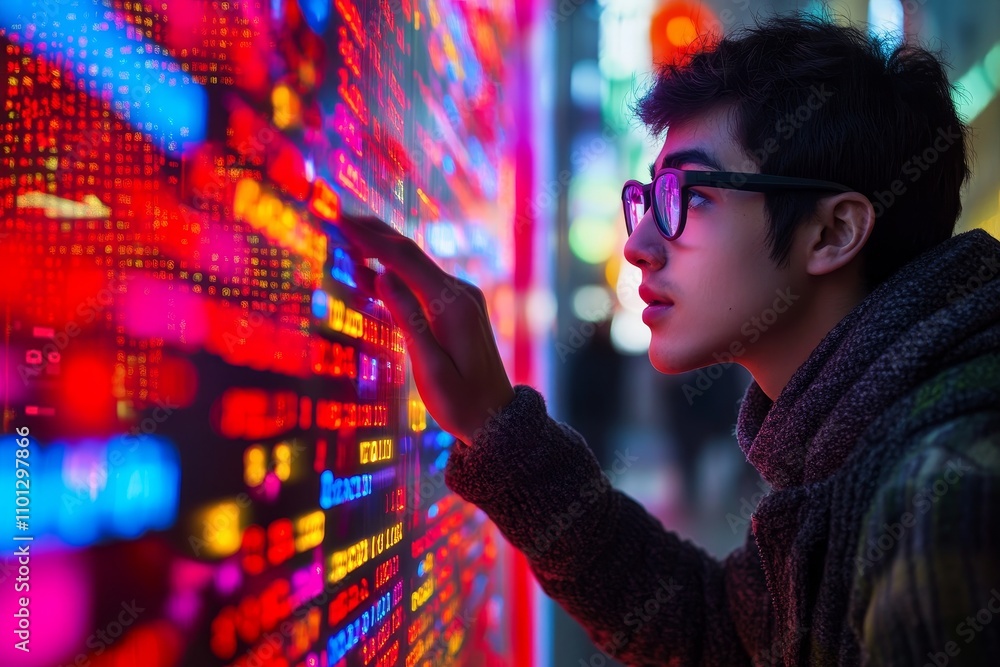 Poster a businessman is analyzing data and graphs on a state-of-the-art digital screen, illustrating the im