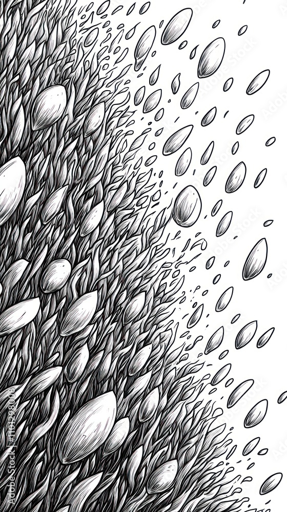Poster abstract illustration depicting a dynamic flow of shapes resembling fish and bubbles.