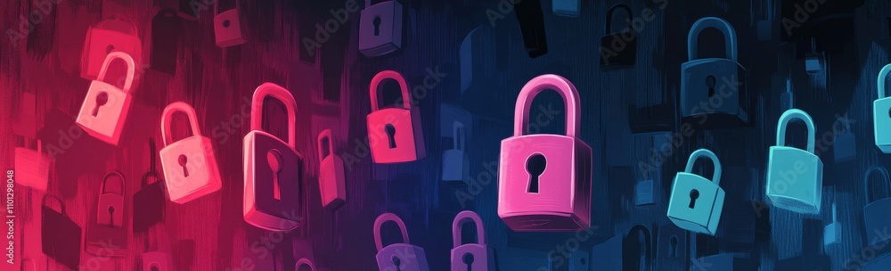 Poster cyber security network and data protection technology illustrated with a digital padlock icon on a v