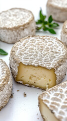 Fototapeta premium Moldy cheese wheel with bite taken out, showcasing texture and color