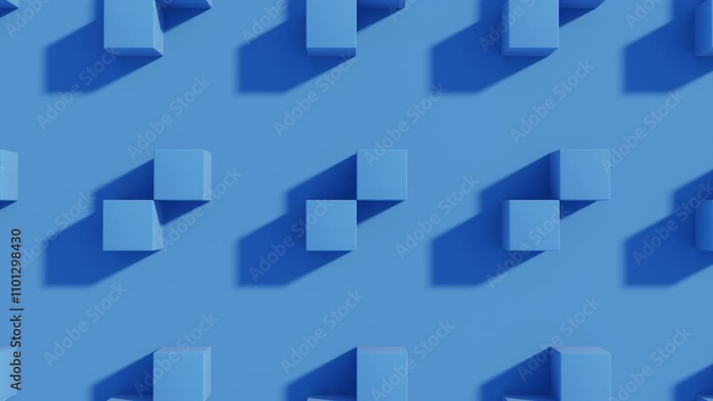 Aufkleber monochrome abstract 3d animation: rolling blue cubes in dynamic geometric patterns and modern design