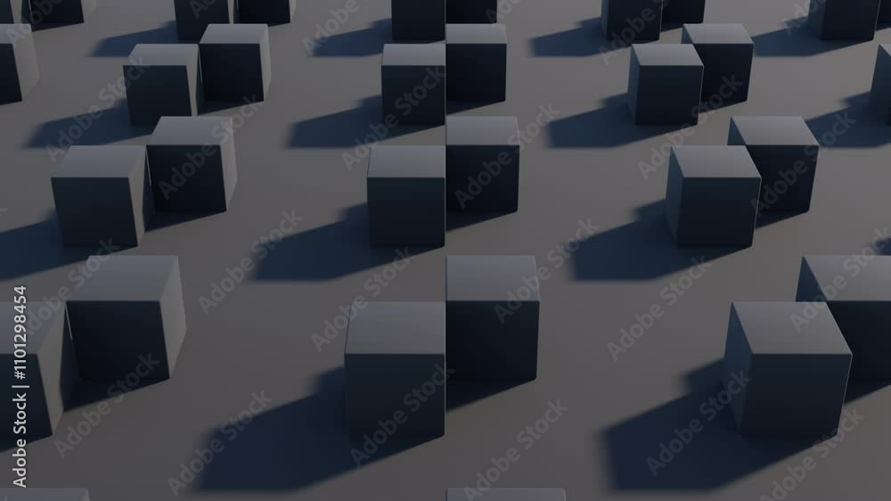 Aufkleber monochrome abstract 3d animation: rolling black cubes in dynamic geometric patterns and modern desig