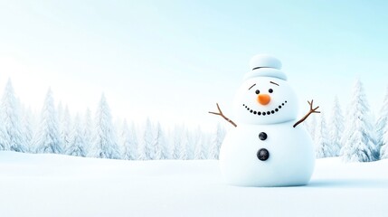 Obraz premium A cheerful snowman with an orange carrot nose and stick arms in a snowy landscape with snow-covered pine trees under a clear blue sky.