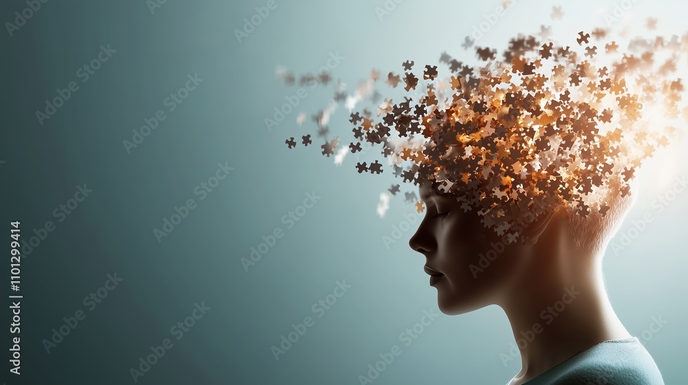 Poster conceptual representation of creativity and thought with puzzle pieces emerging from a human head in
