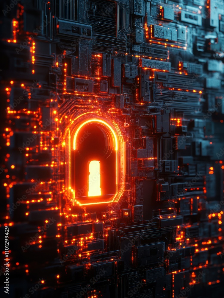 Poster world security technology concept with digital keyhole and glowing lock signs at abstract dark backg