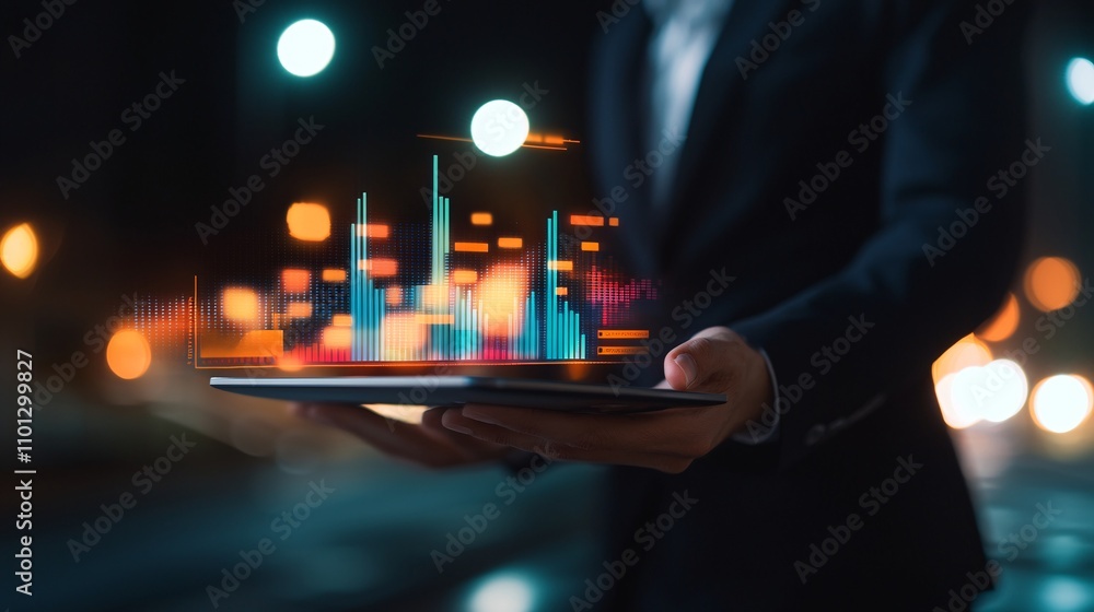 Poster professional marketer analyzing data charts and graphs on a digital tablet, emphasizing seo and anal