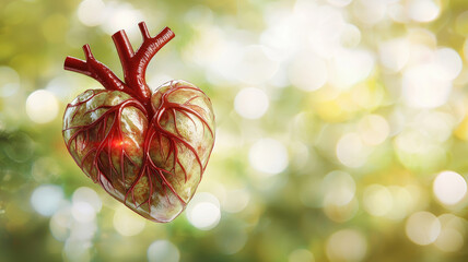 Anatomically accurate 3D heart with bright neon veins on bokeh background