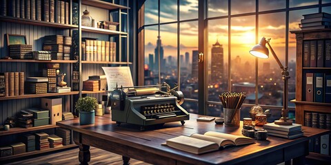 Fototapeta premium Architectural Photography of a Scriptwriter's Workspace in the Film Industry, Featuring a Cozy Desk, Vintage Typewriter, and Creative Elements for Inspiring Storytelling