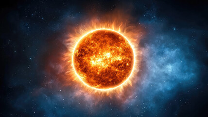 Obraz premium Fiery sun in vibrant blue sky with intense solar flares