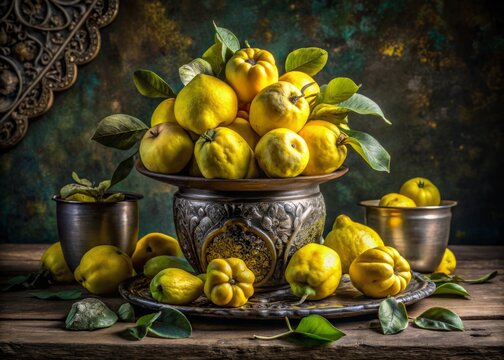 Architectural Photography of a Stunning Display of Decorative Quince Fruits Adorned with Inium, Showcasing Nature&rsquo;s Artistry in an Elegant Setting with Intricate Details and Textures