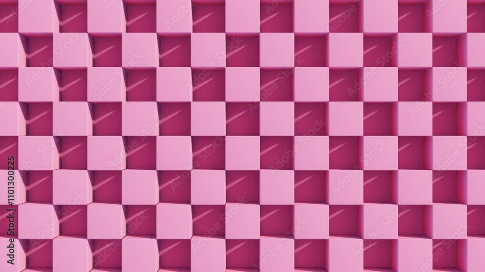 Poster abstract 3d animation: rolling cubes in dynamic geometric patterns and modern pink monochrome design