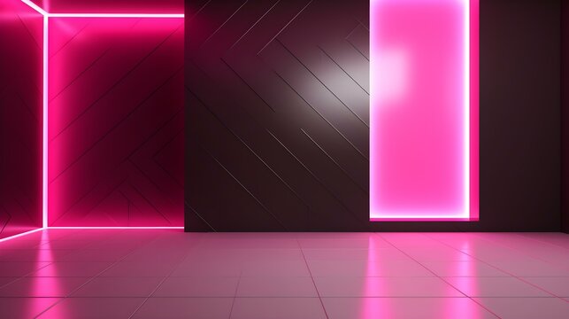 Empty hot pink Room with beautiful Neon Lighting. Futuristic Interior Design