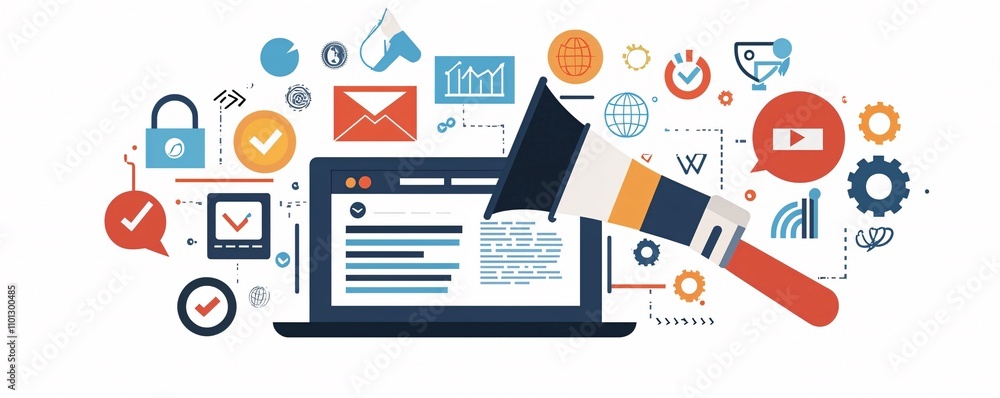 Poster seo specialist optimizing a website interface on a laptop in a minimalistic office setup