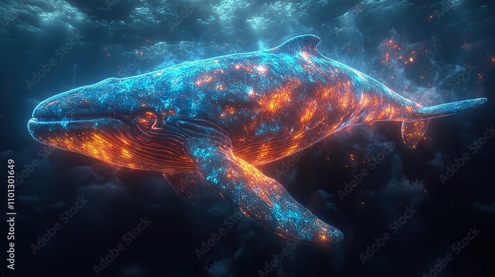 Poster whale with dark neon light effect rendering