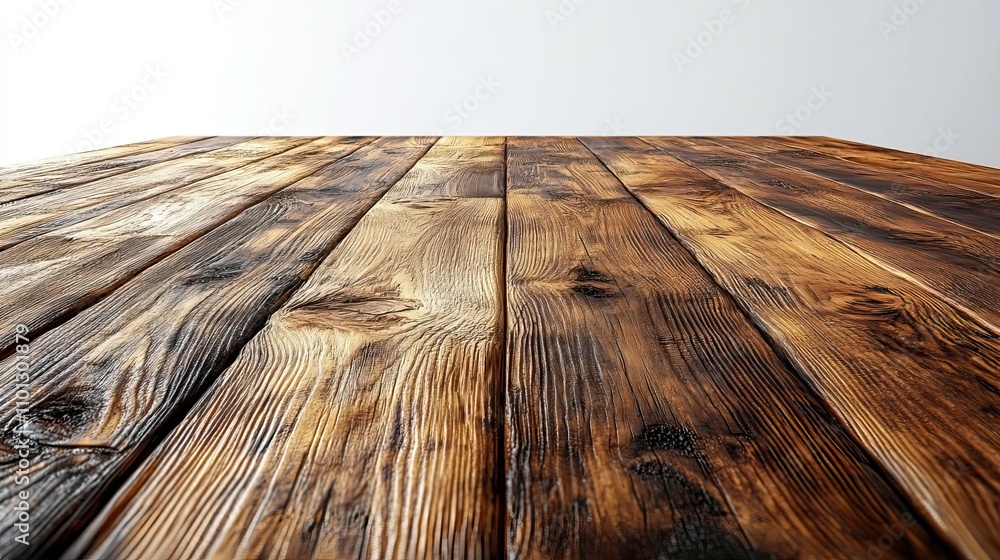 Poster white background with the empty top of a wood laminate floor table or counter isolated for the purpo
